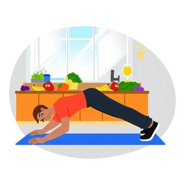 A vibrant kitchen scene with healthy foods and a person doing a side plank
