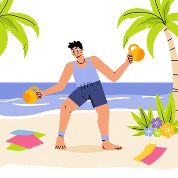 A fitness retreat participant with a determined expression is swinging a bright orange kettlebell on a sandy beach. The participant is wearing a light blue tank top and navy shorts. Surrounding the participant are lush green palm trees and vibrant tropical flowers. The ocean is in the background, with gentle waves lapping at the shore under a clear blue sky. A few colorful beach towels and exercise mats are scattered nearby, adding to the lively atmosphere of the retreat.