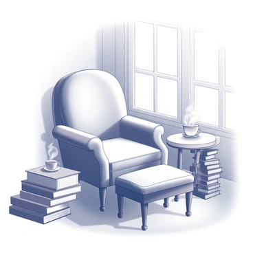 A plush fauteuil with soft upholstery, situated in a sunlit corner of a cozy room. The chair has elegantly curved arms and a tall backrest, inviting relaxation. Surrounding the fauteuil are several stacks of books, some neatly arranged while others are slightly askew, showcasing a variety of titles and sizes. A steaming cup of tea rests on a small table beside the chair, with wisps of steam rising gracefully into the air. The sunlight filters through a nearby window, casting gentle shadows on the floor and illuminating the scene.
