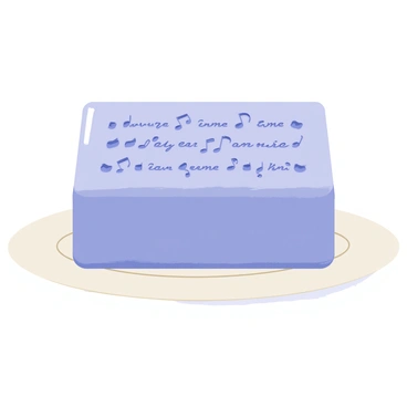 A bar of soap with a smooth, shiny surface sits on a white dish. The soap is a soft blue color and features intricate musical notes and lines of lyrics carefully etched into its surface. The notes are in various sizes and are intertwined with delicate swirls, while the lyrics are written in a flowing script, giving the bar a unique and artistic appearance. Light reflects off the soap, highlighting the detailed carvings.