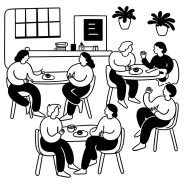 A cozy campus café filled with students seated at wooden tables. Groups of students are engaged in conversations, some leaning in towards each other. A few students are holding coffee cups, while others have pastries on their plates. There are books and notebooks scattered across the tables, with one student writing notes. A chalkboard menu is displayed on the wall behind the counter, and potted plants are arranged on windowsills, creating a warm atmosphere.