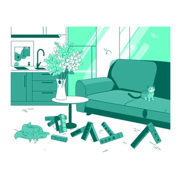 A series of teal dominoes are standing in a line, starting from a kitchen counter and extending into the living room. The first domino is tipped over, triggering the next, which is set against a white coffee table. Nearby, a white vase holds bright flowers, adding a touch of color to the scene. The last domino in the sequence is positioned near a teal couch, on which a small teal cat is curiously watching the chain reaction unfold. Sunlight is streaming through a window, casting gentle shadows across the floor.