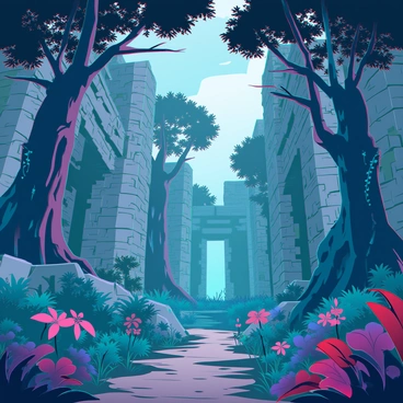 The overgrown ruins of an ancient civilization are partially obscured by thick, lush jungle foliage. Towering trees with sprawling roots intertwine with crumbling stone structures, hinting at the grandeur that once was. Intricate carvings on the stones are barely visible beneath layers of moss and vines. A dim light filters through the dense canopy above, casting dappled shadows across the scene. Exotic plants and colorful flowers thrive among the ruins, adding vibrant splashes of color to the muted greys and browns of the stone. A pathway, overgrown with weeds, leads deeper into the heart of the ruins, inviting exploration.
