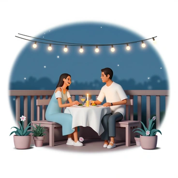 A cozy patio with wooden decking, surrounded by potted plants and flowers. The evening sky is a deep blue with stars just starting to appear. String lights are hanging overhead, casting a warm glow over the scene. A couple is sitting at a small round table, covered with a white tablecloth. The woman, wearing a light blue sundress, is laughing as she looks at the man, who is dressed in a casual white shirt and dark jeans. They have a candle on the table, along with plates of food and two glasses of wine. Soft shadows are created by the flickering light, adding to the intimate atmosphere.