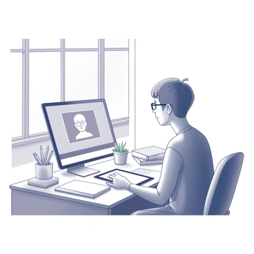 A person sitting at a desk in a well-lit room, looking at a computer screen. The individual has short hair and wears glasses, with a focused expression while engaging in the video call. On the screen, there is an image of a potential client, shown as a rectangular video frame with a neutral expression. The desk is cluttered with art supplies, including sketchbooks and pencils, and a small plant is placed nearby. A large window in the background allows natural light to fill the space. A digital tablet is positioned in front of the artist, reflecting their work style.