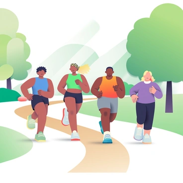 A group of five runners is training together along a scenic park trail. The runners consist of two men and three women, all wearing colorful athletic gear. The first man, with short brown hair and a blue tank top, is leading the group. The second man, with curly black hair and a red t-shirt, follows closely behind. One woman, with blonde hair in a ponytail, is wearing a green sports bra and black shorts, while another woman, with dark skin and braids, is dressed in an orange tank top and gray leggings. The last woman, with light brown skin and shoulder-length hair, is wearing a purple long-sleeve shirt and black capris. Lush green trees line the trail, and a soft path of tan dirt creates a winding route through the park. Sunlight filters through the leaves, casting dappled light on the runners as they focus on their training.