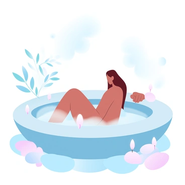 A person is sitting comfortably in a steam bath, enveloped by soft vapor rising gently around them. The scene features smooth stones lining the edges of the bath, creating a tranquil atmosphere. In the background, there are delicate bamboo plants adding a touch of greenery. Light pastel colors fill the space, enhancing the serene ambiance. A few candles are placed strategically on nearby surfaces, providing a soft glow to the scene. The overall composition emphasizes relaxation and rejuvenation.