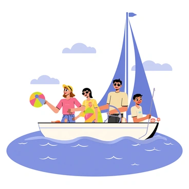 A happy family sailing on a white voilier with bright blue sails. The family consists of four members: a smiling mother wearing sunglasses and a sun hat, a father at the helm with a joyful expression, a young girl laughing as she plays with a colorful beach ball, and a teenage boy leaning against the side of the boat, holding a fishing rod. The water is a deep blue, reflecting the clear sky, and fluffy white clouds can be seen in the distance. The sunlight creates sparkling highlights on the waves, enhancing the cheerful atmosphere of the scene.