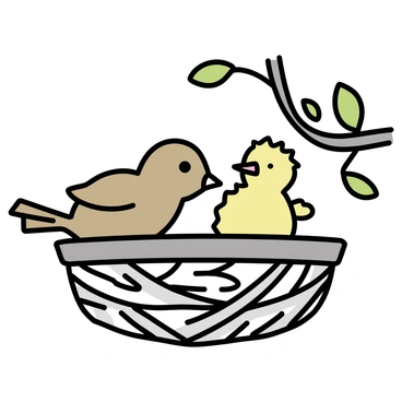 A small, brown bird with a slightly curved beak is perched inside a woven nest made of twigs and grass. The nest is nestled among the branches of a tree, surrounded by green leaves. The mother bird is leaning towards a fluffy, light-colored chick, which has its beak open wide. The scene captures the moment as the mother bird gently feeds a small piece of food into the chick's mouth. Sunlight filters through the leaves, casting soft shadows on the nest.