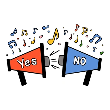 A scene featuring two speakers positioned facing each other. The first speaker, on the left, is colored in a bright red and is emitting the word "Yes" in bold white letters. The second speaker, on the right, is colored in a deep blue and is emitting the word "No" in bold white letters. Surrounding the speakers are musical notes of various sizes and colors, floating in the air, creating a vibrant atmosphere of sound and rhythm. The background is a soft gradient that enhances the focus on the speakers and the floating musical notes.