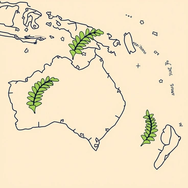 A vintage map with a light brown aged background. The map features intricate details of coastlines, mountains, and rivers. Illustrated ferns are positioned at various points on the map, each fern depicted in a vibrant green color. These ferns are drawn in a whimsical style, highlighting specific exotic locations with small, decorative markers. Thin lines connect the ferns to their corresponding locations, adding a sense of adventure and exploration to the map.