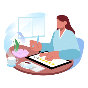 A consumer is seated at a wooden table, writing a product review on a tablet. The tablet is sleek and modern, displaying a five-star rating in bold yellow. The consumer is holding a stylus, focused on the screen, with a notepad and a cup of coffee visible beside them on the table. There are small decorative plants in the background, adding a touch of greenery to the scene. Light streams in through a nearby window, illuminating the workspace.