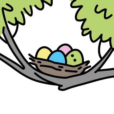 A bird's nest, intricately woven from twigs and leaves, is perched on a thick branch of a tree. The nest is filled with multi-colored Easter eggs, each egg showcasing vibrant patterns and hues of blue, yellow, pink, and green. The tree has lush green leaves surrounding the nest, creating a natural frame for the scene. Sunlight filters through the branches, casting gentle shadows on the nest and highlighting the colors of the eggs.