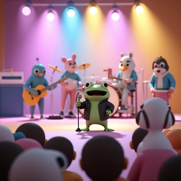 A small green frog with big round eyes, wearing a tiny black leather jacket, stands on a brightly lit stage. The frog is holding a microphone in one hand, singing energetically. Behind the frog, a band of animated animals accompanies the performance, including a bluebird playing the guitar, a rabbit on the drums, and a squirrel playing the keyboard. Colorful spotlights illuminate the stage, casting vibrant hues across the scene, while the audience in front is filled with various other animals, all enjoying the lively concert.