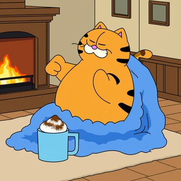 A fat orange cat with black stripes, resembling "Garfield", is comfortably wrapped in a thick, fluffy blue blanket. The cat is sitting on a soft rug beside a crackling fireplace, where warm orange flames can be seen dancing. In its paw, it holds a large mug of hot cocoa topped with a swirl of whipped cream and a sprinkle of cocoa powder. The cat's eyes are half-closed, giving a relaxed expression. The surrounding room features a cozy atmosphere, with wooden furniture and a few picture frames on the walls.
