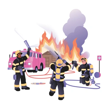 A group of firefighters working collaboratively to extinguish a raging fire. There are three firefighters in the foreground, one on the left with dark skin wearing a yellow helmet, a black fire-resistant suit, and holding a hose aimed at the flames. The firefighter in the middle has light skin, short brown hair, and is also wearing a yellow helmet; he is using a hose to direct water towards the fire while shouting instructions to his teammates. The firefighter on the right has medium skin and is crouching to pull more hose from a reel. In the background, thick smoke billows upward, and bright orange flames can be seen consuming a wooden structure. Various fire equipment and a fire truck are visible at the scene, with hoses snaking across the ground.