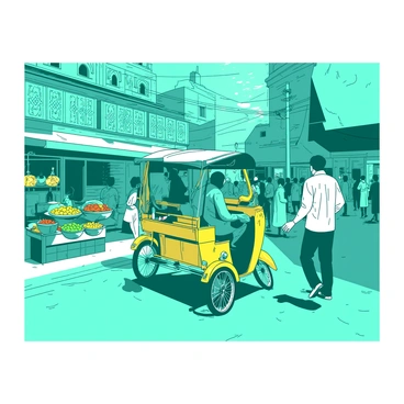 A teal bustling street in Kolkata is filled with yellow rickshaws weaving through the crowd. Street vendors with colorful stalls are lining the sidewalks, displaying an array of fruits, vegetables, and snacks. People are engaged in lively conversations, and pedestrians are navigating around the rickshaws and stalls. In the background, traditional buildings with intricate designs are visible, adding to the vibrant atmosphere of the street. The scene captures the energy and charm of daily life in Kolkata.