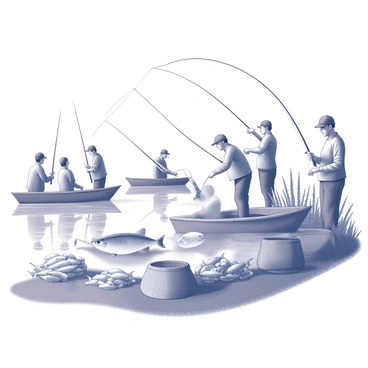 A group of fishermen is gathered at a serene lake. They are actively casting their lines into the water, with several fish being pulled out simultaneously. The fishermen are standing in small boats as well as on the shore, each with nets and fishing rods. The surface of the lake is disturbed by the splashes of fish being caught. Nearby, there are piles of fish collected in baskets, indicating a significant catch. The surrounding area features lush vegetation, with trees and shrubs lining the edge of the lake, showing the natural habitat being affected by overfishing.