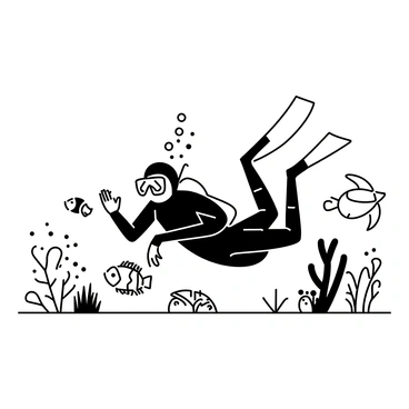 A diver wearing a wetsuit and a diving mask is underwater, exploring a coral reef. The diver is surrounded by various sea creatures, including a colorful clownfish swimming near an anemone, a school of small fish darting in and out of the coral, and a graceful sea turtle gliding nearby. The coral formations are detailed, with different shapes and textures, creating a lively underwater environment. The diver's bubbles rise toward the surface, adding a dynamic element to the scene.