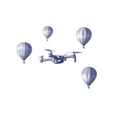 A toy drone is hovering in the air. The drone is small and has propellers spinning above it. Surrounding the drone are several hot air balloons of various shapes and sizes. Each balloon is inflated and floating gracefully in the sky. The balloons display intricate patterns and designs. The scene captures the contrast between the drone and the balloons, with a sense of motion as the drone navigates through the open sky.