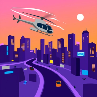 A KMAX helicopter with a sleek design and dual rotors is flying above a bustling city skyline. The helicopter is depicted in a dynamic position, with its rotors spinning rapidly. Below, the city is alive with activity, showcasing tall skyscrapers adorned with glowing windows and bright billboards. The sky is a gradient of orange and purple hues as the sun sets on the horizon. Shadows of buildings stretch across the streets, where tiny figures of people and cars can be seen moving about.