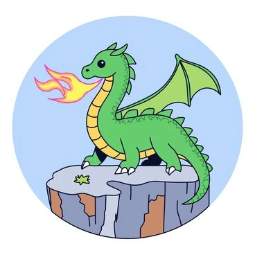 A dragon with emerald green scales is perched on a rugged rocky cliff. Its wings are outstretched, showcasing intricate patterns. The dragon's sharp eyes gleam with intensity as it breathes bright orange flames that illuminate the surrounding area. The cliffs are textured with gray and brown rocks, and small patches of grass can be seen. The background features a clear blue sky.