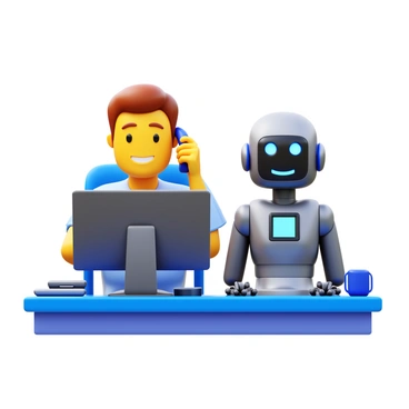 A person sitting at a desk, holding a phone to their ear. The individual is looking intently at a computer screen. Beside the person, a humanoid robot is positioned, displaying a friendly expression. The robot has a sleek design with glowing blue accents and a digital interface on its chest. The scene conveys a modern office environment with various tech gadgets scattered around the desk. The person has a slight smile, indicating a positive interaction.