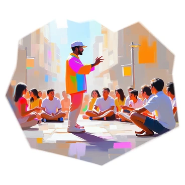 A street performer with medium skin, wearing a vibrant, colorful outfit, is captivating an audience with expressive hand gestures. He stands in a lively urban setting, surrounded by onlookers who are focused on his animated storytelling. The performer features a wide smile as he conveys emotions through his movements, his arms outstretched and fingers elegantly positioned. The audience consists of people of various ages, some sitting on the ground and others standing, all engaged and watching closely. Sunlight casts soft shadows on the pavement, enhancing the lively atmosphere of the scene.
