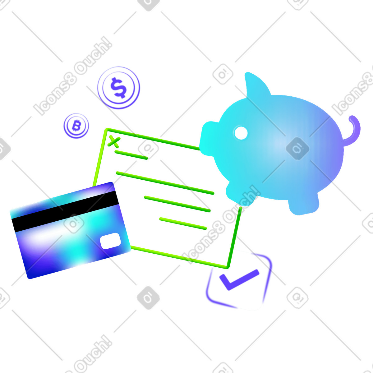 Ilustração de Cofrinho e cartão crédito com comprovante transação, poupança pessoal banco online em no estilo Pure para baixar em PNG, SVG