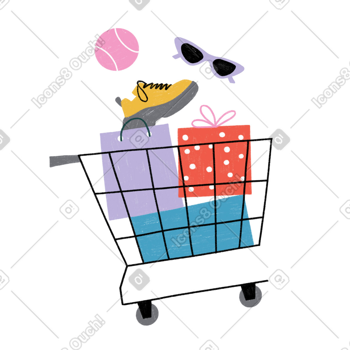 Shopping trolley with box and package-Illustration im Tutti-Stil als Download in PNG, SVG