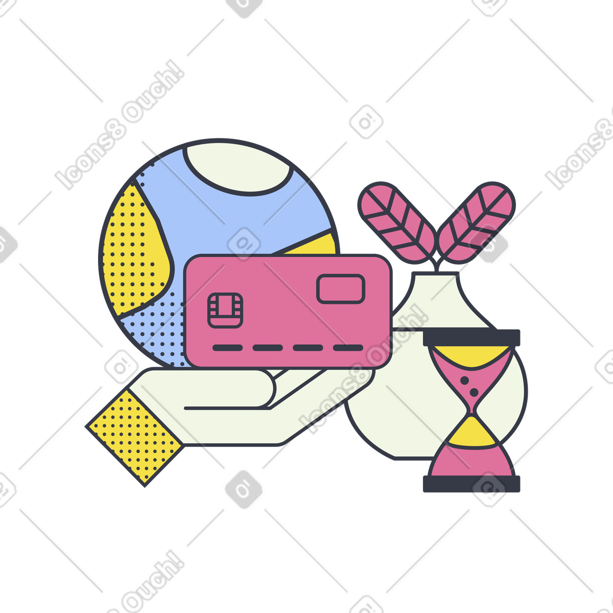 Ilustração de Hand holding credit card and hourglass, Payment processed or global transaction em no estilo Abstract para baixar em PNG, SVG