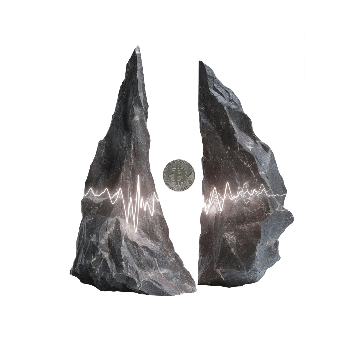 Bitcoin coin between split rocks with waveform, Cryptocurrency volatility and market analysis illustration in PNG, SVG