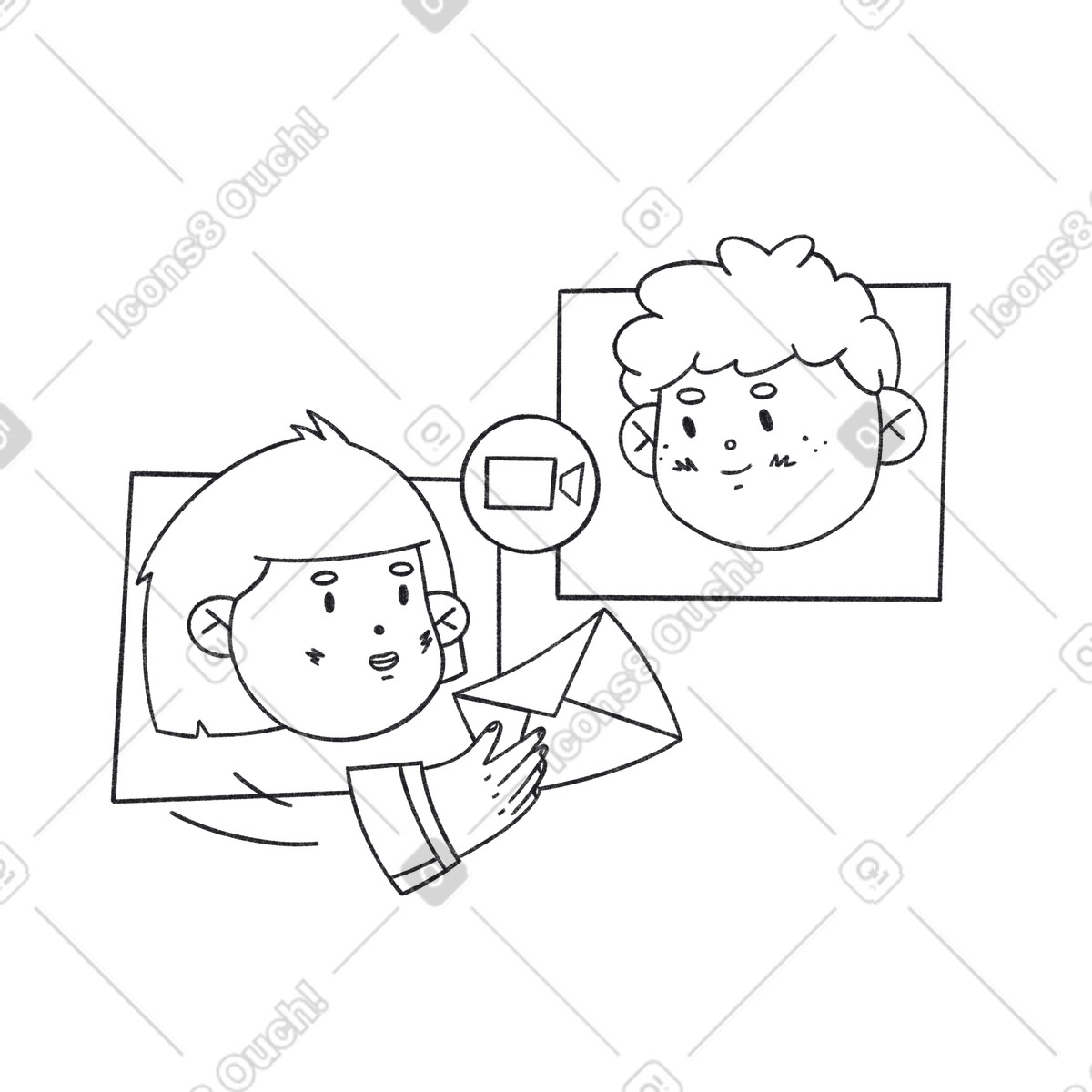 Coworkers talking at an online meeting, Virtual collaboration and remote discussion-Illustration im Bonbon Line-Stil als Download in PNG, SVG