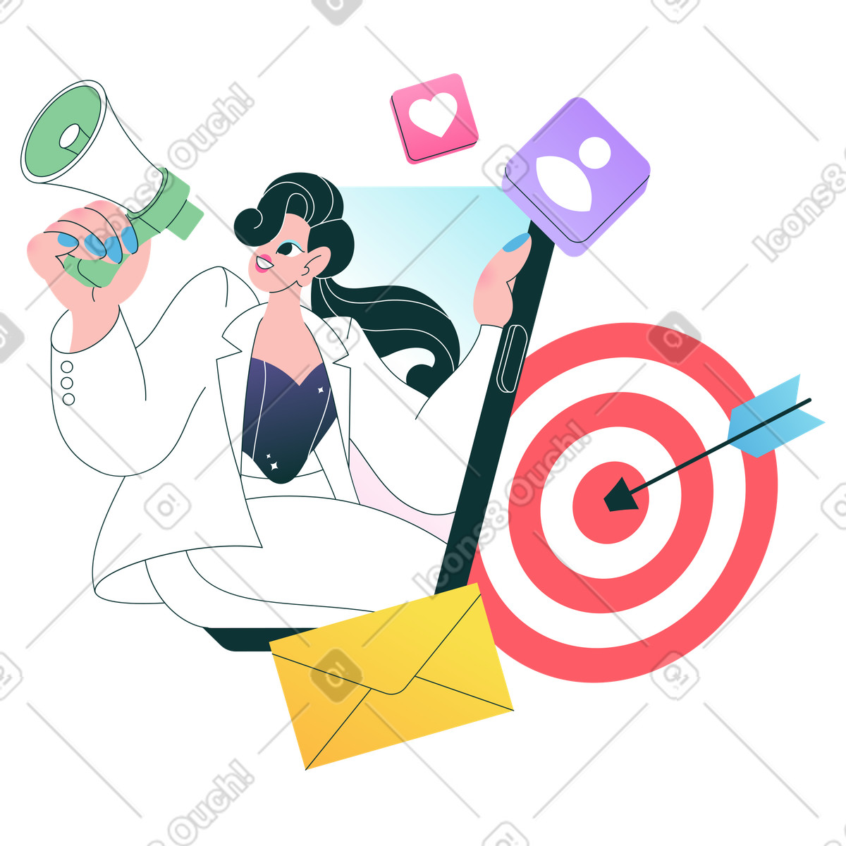 Ilustración Specialist with megaphone and target, Social media marketing campaign en estilo Florid a descargar en PNG y SVG