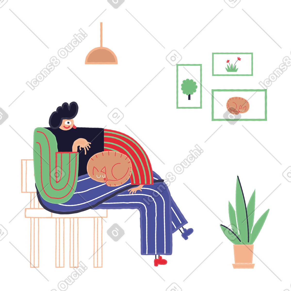 Illustration Femme avec un chat sur ses genoux dans le style Stripy à télécharger aux formats PNG, SVG