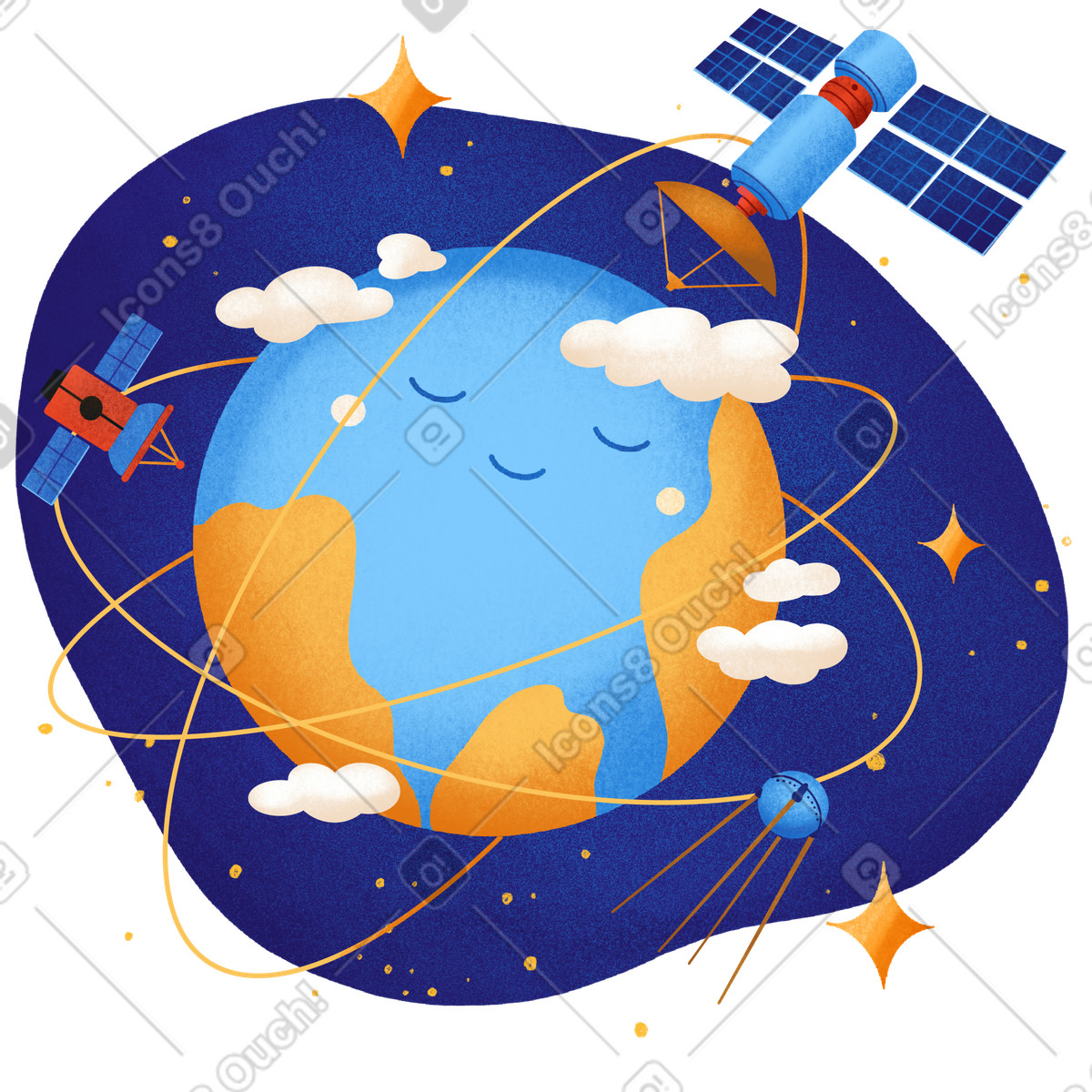 Happy planet surrounded by satellites illustration Education Technology clipart image for children in PNG
