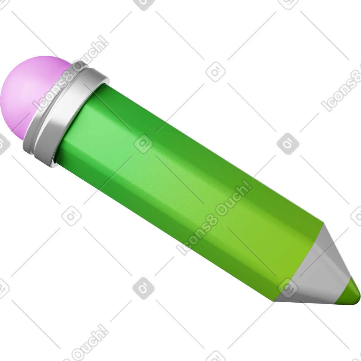 下载 3D Playful 风格的 Pencil green hexagonal body with pink eraser and silver ferrule 插画，支持 PNG、SVG 格式