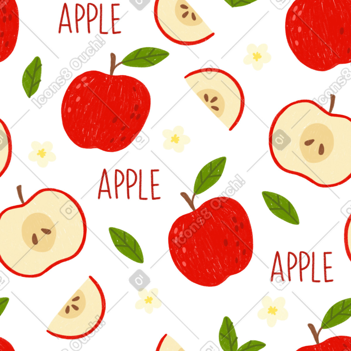 Seamless apple pattern with slices, leaves and flowers illustration in Cozy style download in PNG, SVG