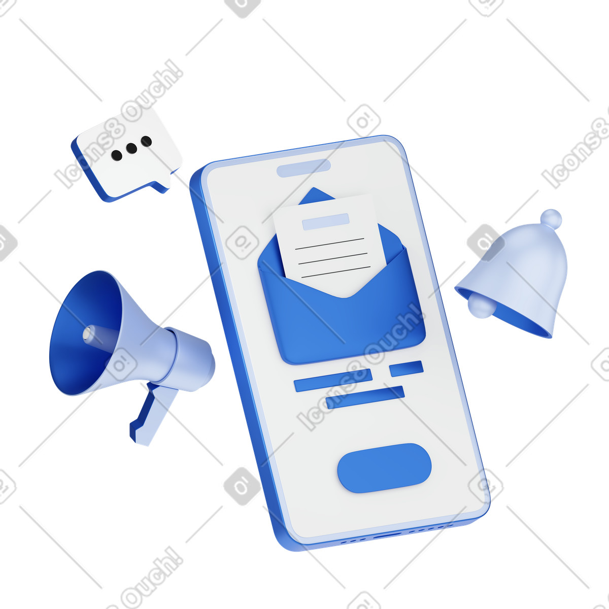 Mobile inbox with megaphone and bell, Email marketing or newsletter subscription concept illustrazione animata in stile 3D Techny scaricabile in GIF, Lottie (JSON), AE