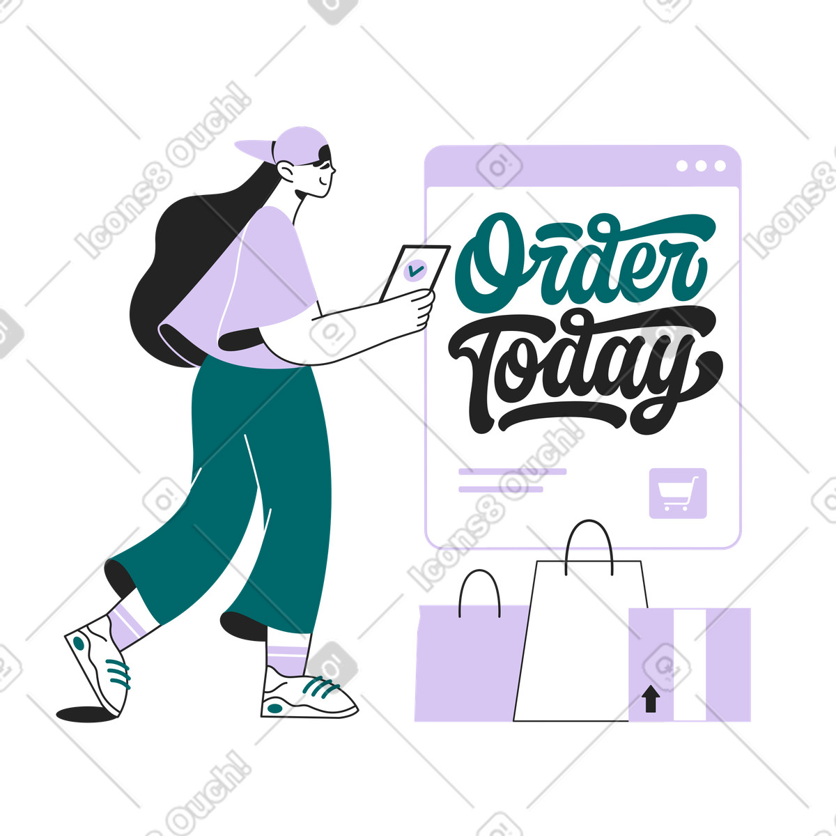 下载 Sammy Line 风格的 Completing purchase with phone at order today screen, Online shopping and digital retail 插画，支持 PNG、SVG 格式