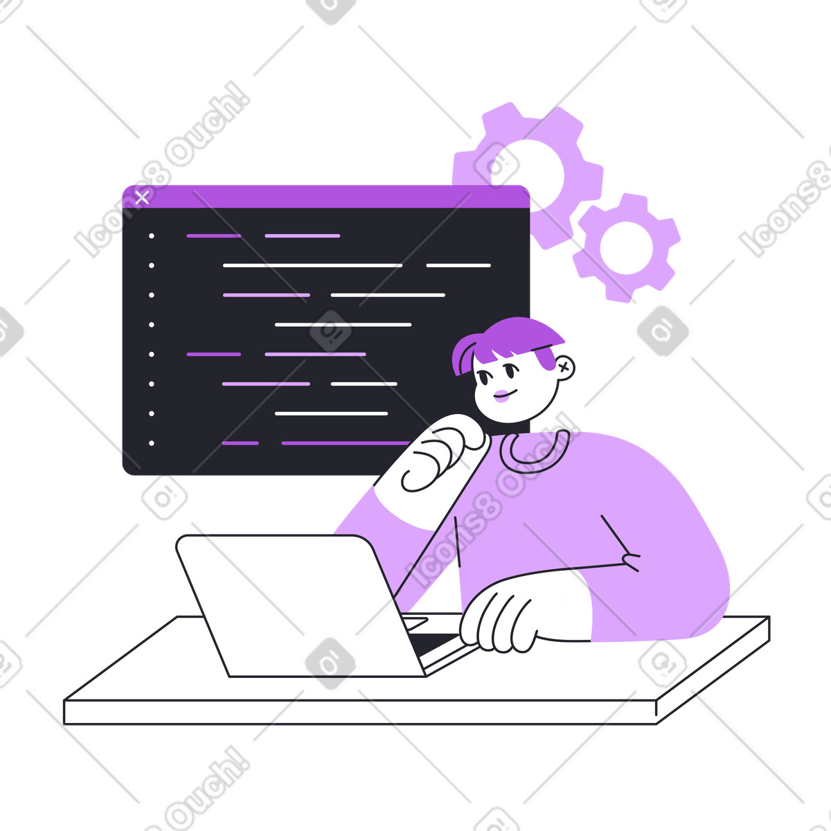 Programmer at desk with programming interface, Coding workflow and digital workspace illustration in PNG, SVG