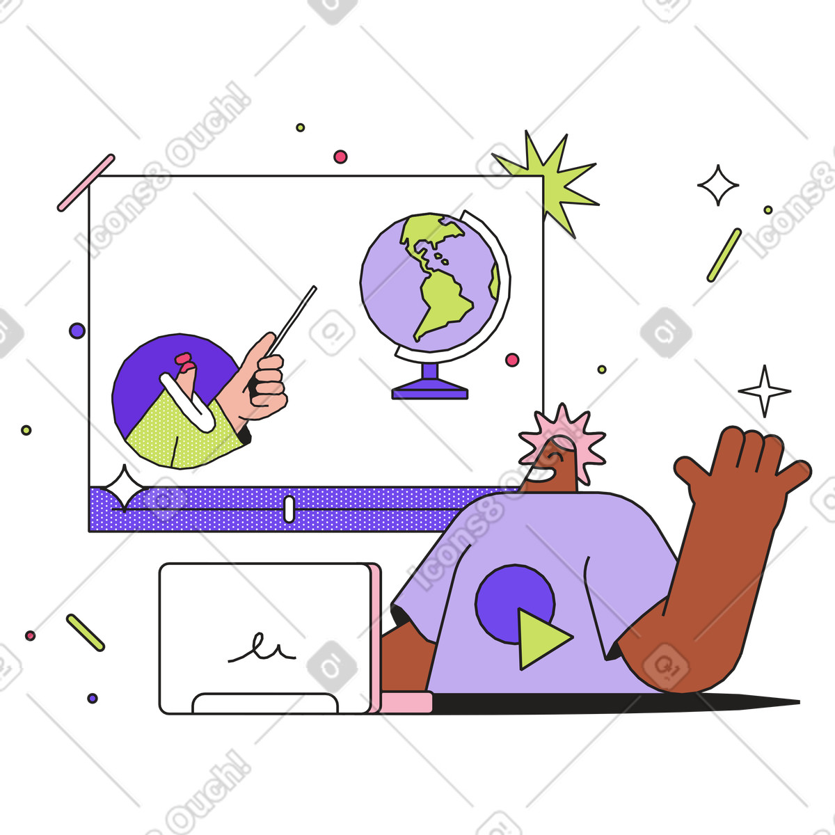 Online classroom with student asking question, Remote education or E-learning illustration in Dazzle style download in PNG, SVG