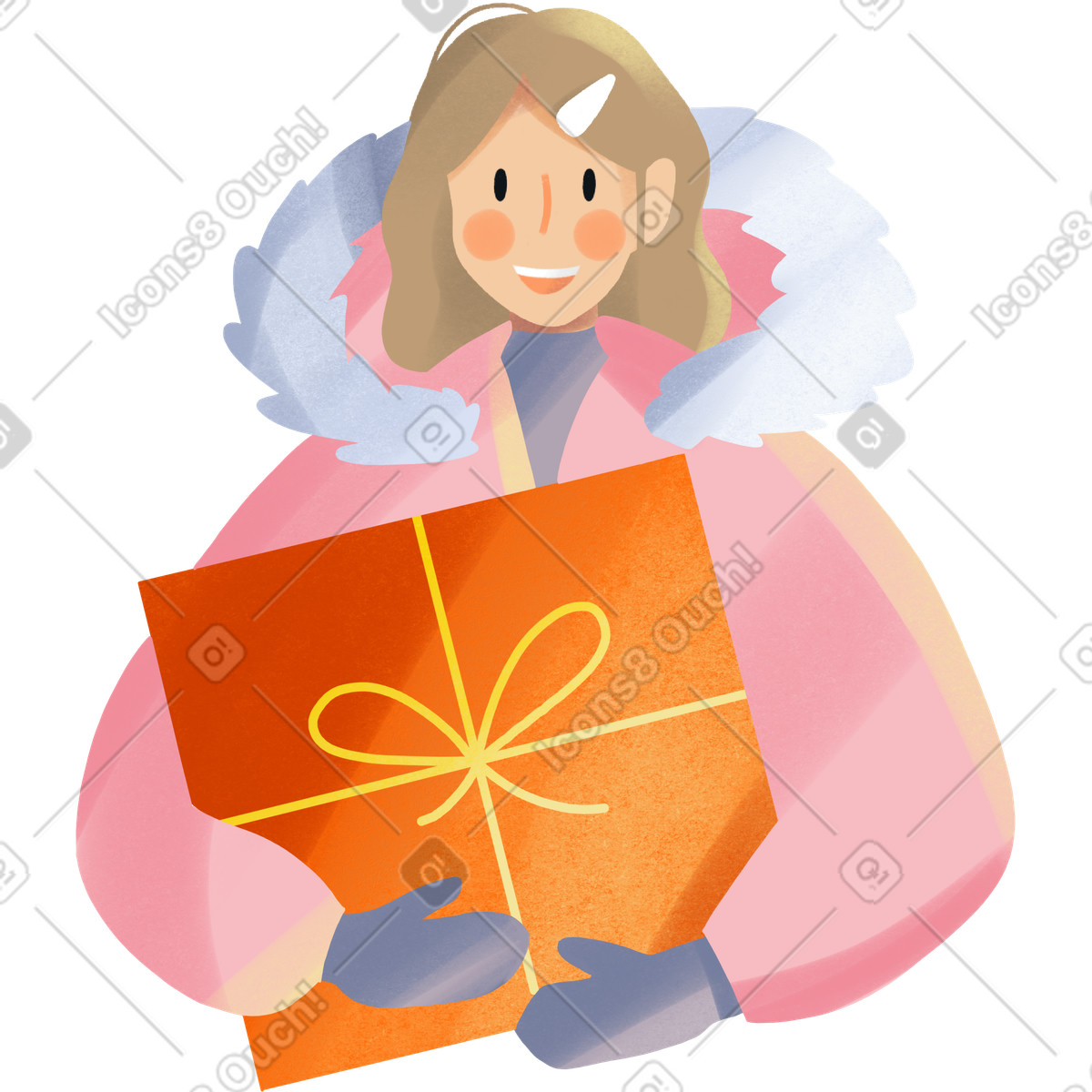 Frau in einer rosa winterjacke mit einem orangefarbenen geschenk-Illustration im Shine-Stil als Download PNG, SVG