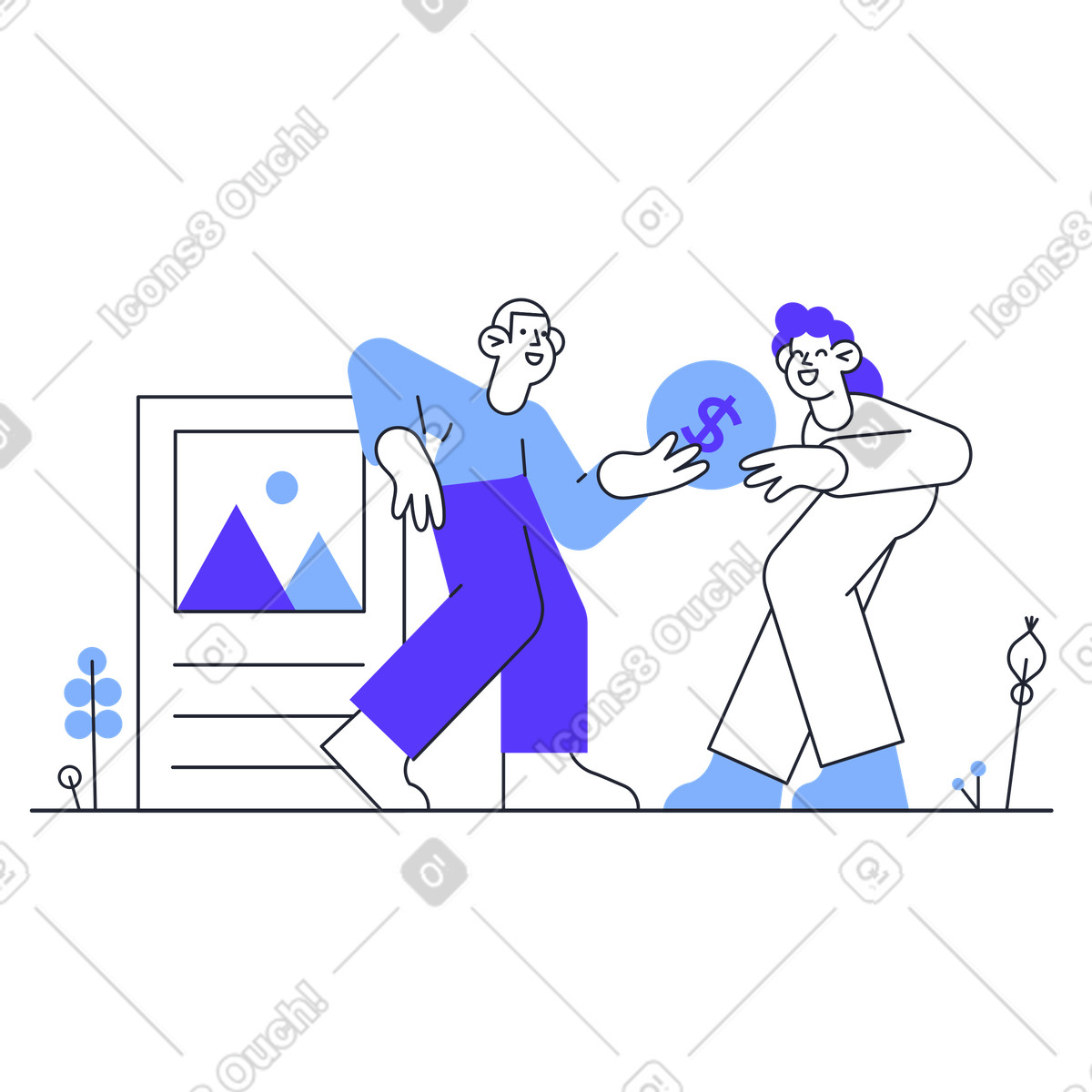 Uomo che vende un dipinto nft a una donna illustrazione in stile Pablita scarica in PNG, SVG