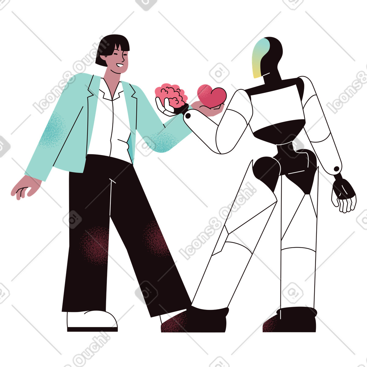 Illustration Balancing human compassion and robotic intelligence, Ethics in AI dans le style Delight à télécharger aux formats PNG, SVG