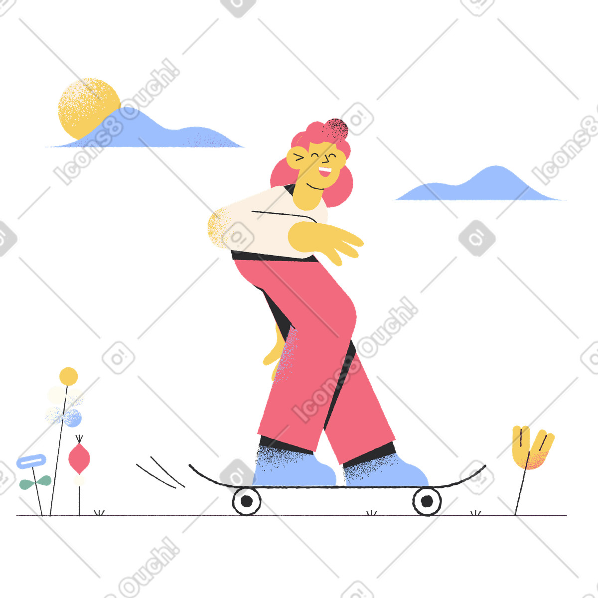 Иллюстрация Skateboarding among flowers, Outdoor leisure activity в стиле Pablo — скачать в форматах PNG, SVG