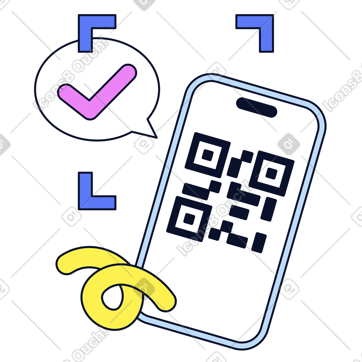QR code on smartphone with check mark, Identity authentication or approval process illustration in PNG, SVG