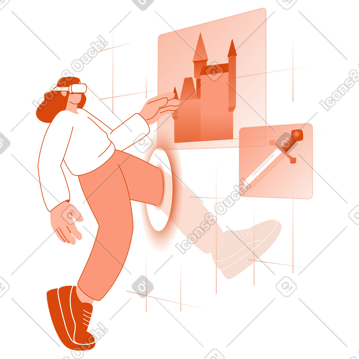 Gamer exploring fantasy world with VR goggles, Immersive gaming experience illustration in Orange style download in PNG, SVG