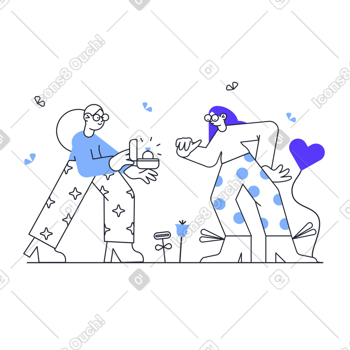 Same-sex partners exchanging engagement ring with excitement, Commitment and relationship milestone illustrazione in stile Pablita scarica in PNG, SVG