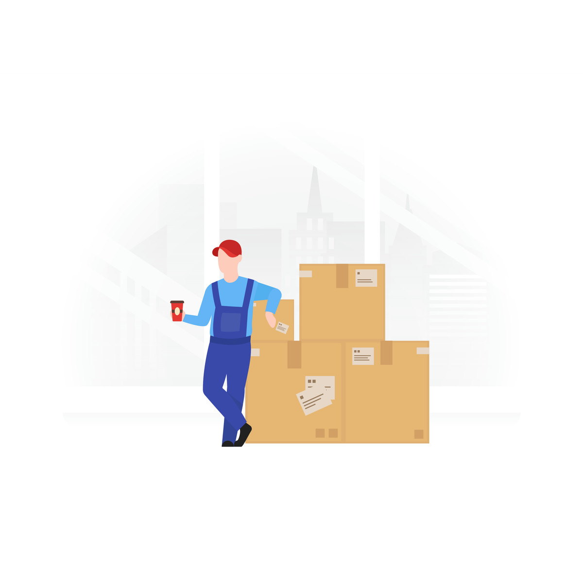 Warehouse employee holding coffee beside stacked boxes illustration in Fogg style download in PNG, SVG